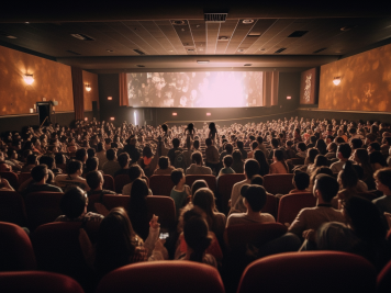 Darkened cinema filled with movie-goers