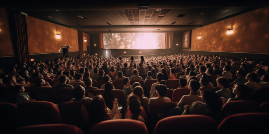 Darkened cinema filled with movie-goers